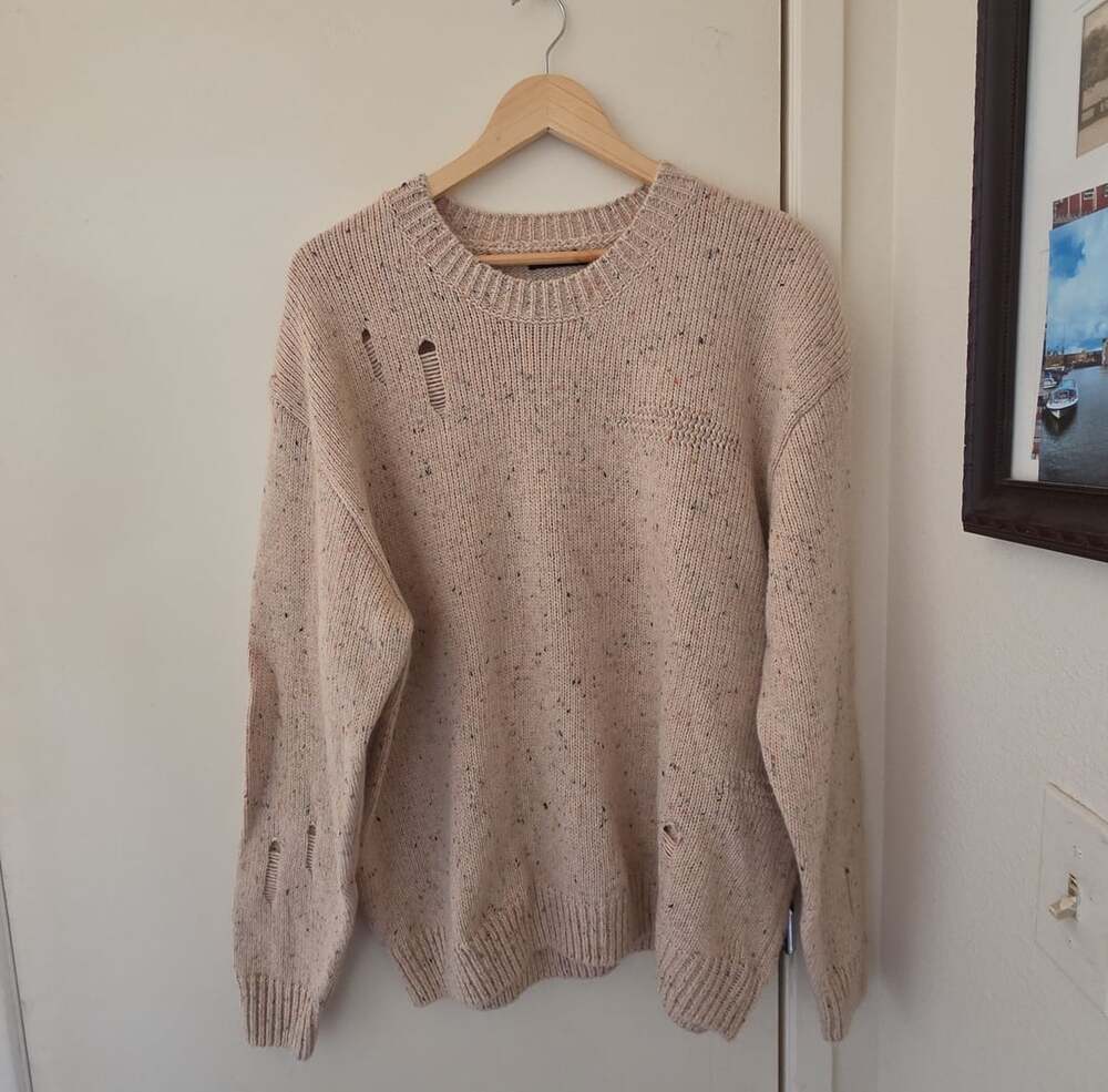 Zara Tan Marled Distressed Crewneck Knit Sweater